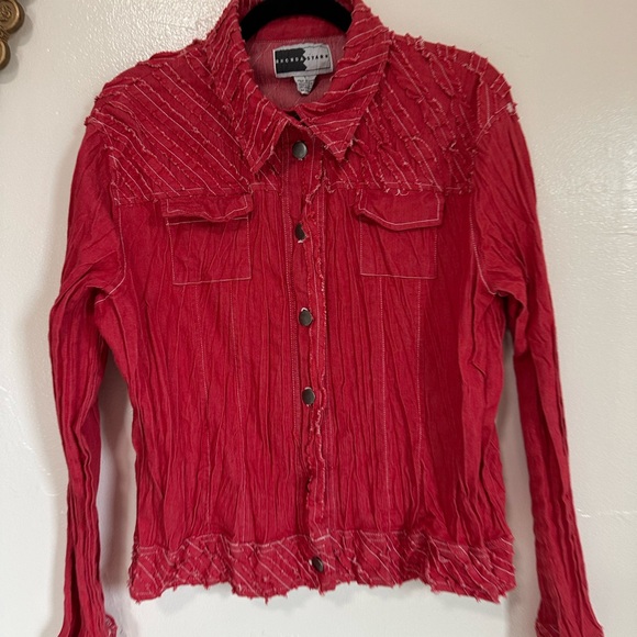 Vintage Rhonda Stark Red Crinkle Lightweight Shirt Jacket,  Raw Edge Detail, Lg - Picture 8 of 8